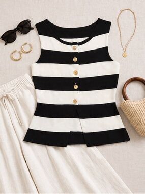Black White Striped Knit Top Gold Buttons Sleeveless Chic Minimalist Size L